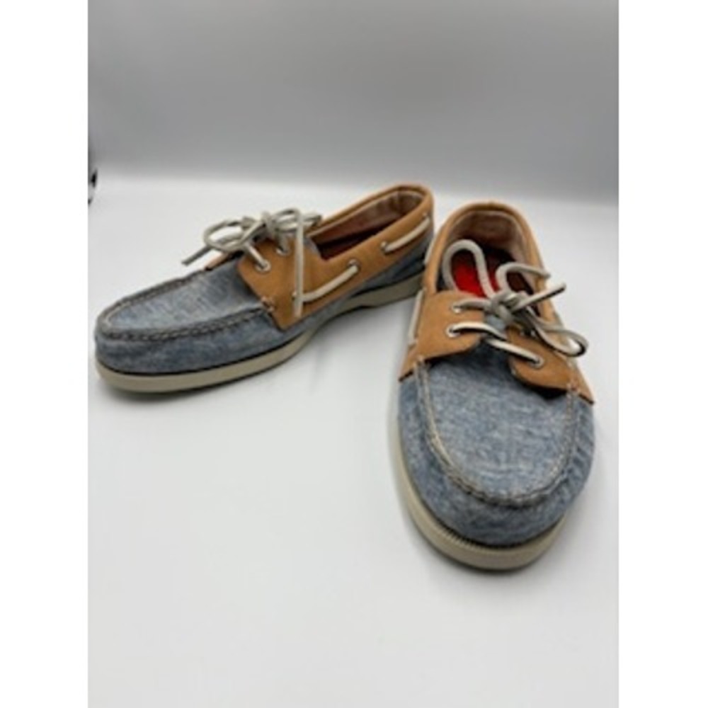 SPERRY Boat Shoes 9 Blue Tan Chambray Leather Original Nautical Preppy NEW